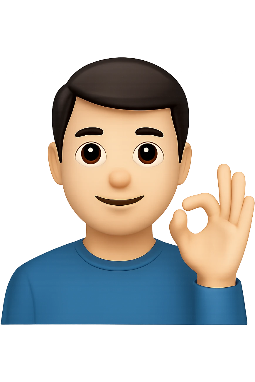 Edit the image to depict a man with a raised hand making the 'okey' sign in the style of apple emojis with normalized, natural-looking fingers. Preserve the apple emoji style but improve finger naturalness and normalization. emoji