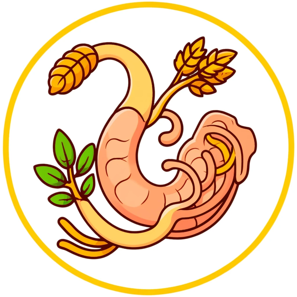 Cute simplified human digestive system diagram with stomach and intestines, surrounded by golden wheat stalks and green leaves. Bright healing particles moving through the digestive tract, showing food digestion and cleansing process emoji