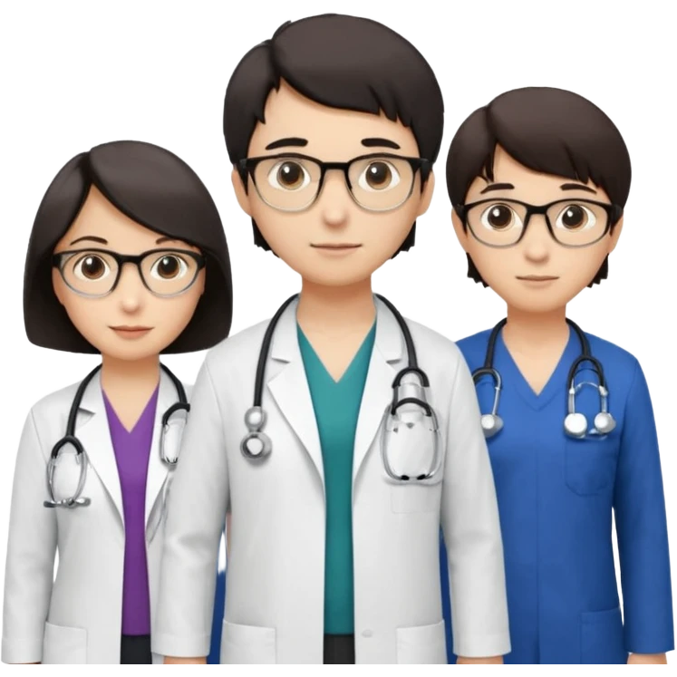 Four doctors standing together:

a female doctor with dark-colored short bob hair,

a young male doctor,

an older male doctor with white hair wearing glasses,

and a female doctor wearing glasses. emoji