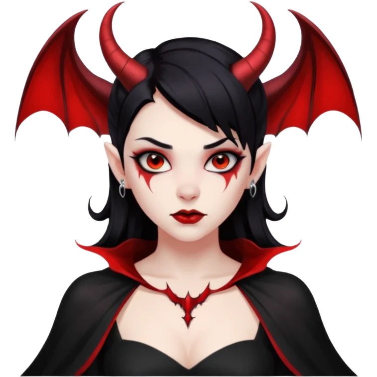 Demon girl, entire skin solid red, black hair, horns, bat wing, black dress, tattoo-flash comic. emoji