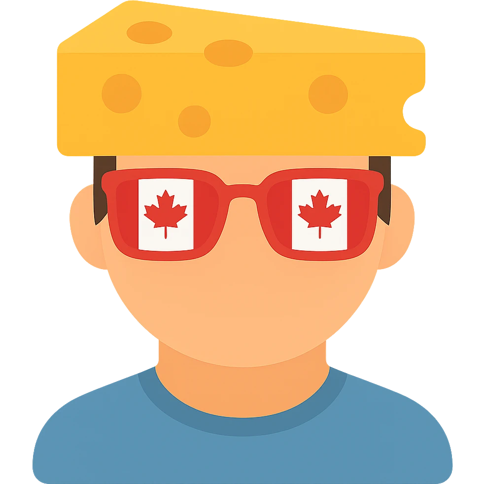 Add color to the icon: yellow cheese block, red and white Canada flag glasses, natural skin tone, simple colored shirt, keep background transparent. emoji