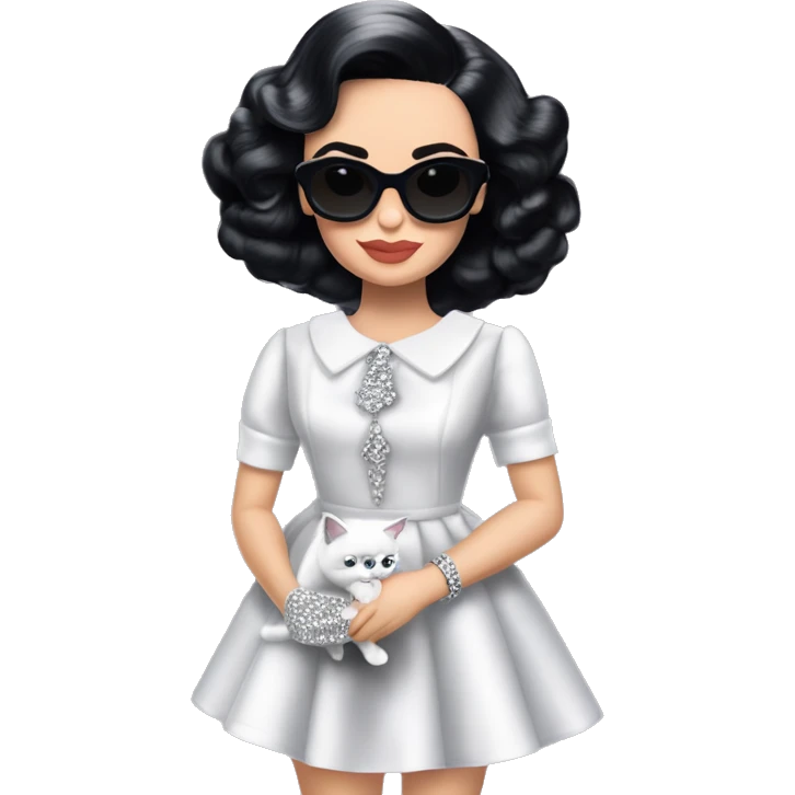 White Diamonds Elizabeth Taylor Barbie. Jenna Ortega Wednesday Addams.Satin dress, opera gloves,pumps, bracelet, earrings, sunglasses Cuddling up with Slippers the kitten. emoji