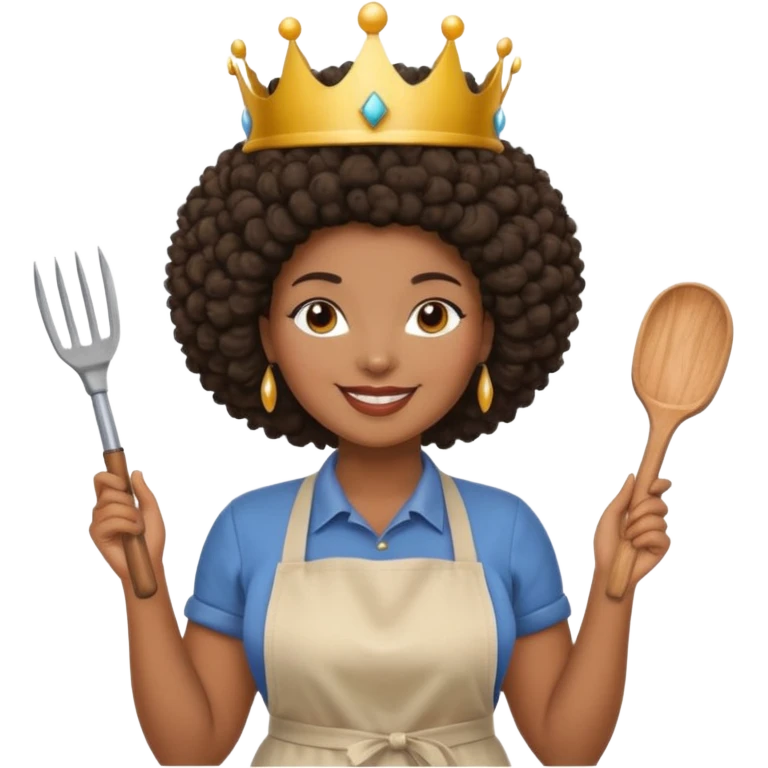 Mujer curvy afro, con vestimenta cómoda y delantal,con una corona sobre su cabeza y sonrisa contagiosa y herramientas  emoji