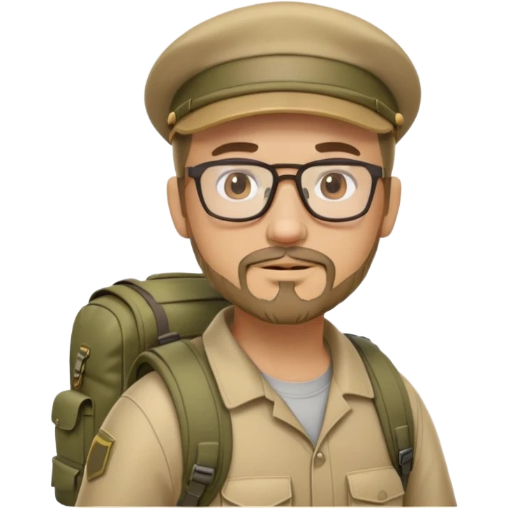 adventurer with goatee beard (no beard on cheeks), short hair, glasses, backwards military tan cap and backpack emoji