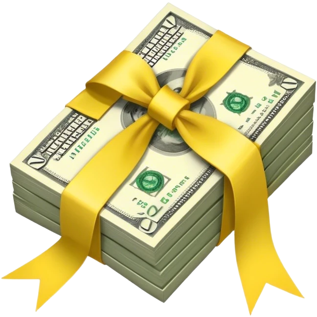 A pack of money is tied with a yellow ribbon emoji