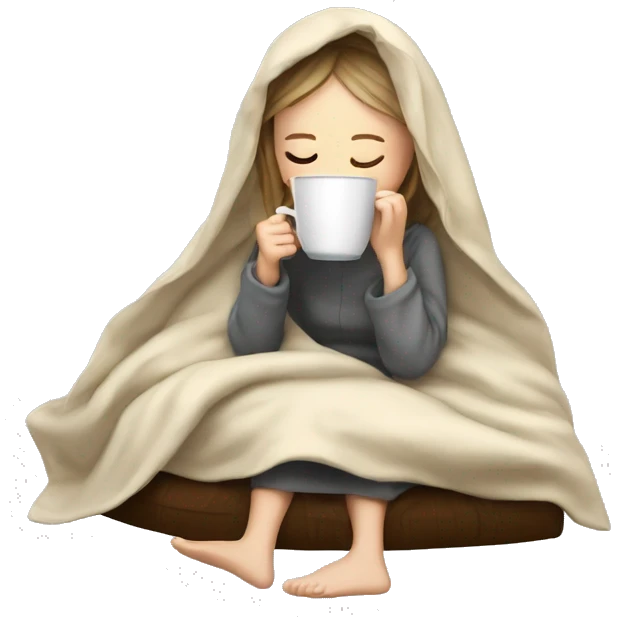 white girl inside a blanket sipping coffee eyes closed emoji