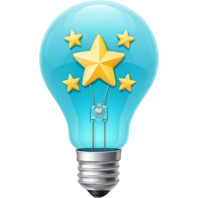 Light bulb icon with three small stars inside the bulb, flat emoji style, outline with blue and turquoise colors, white background emoji