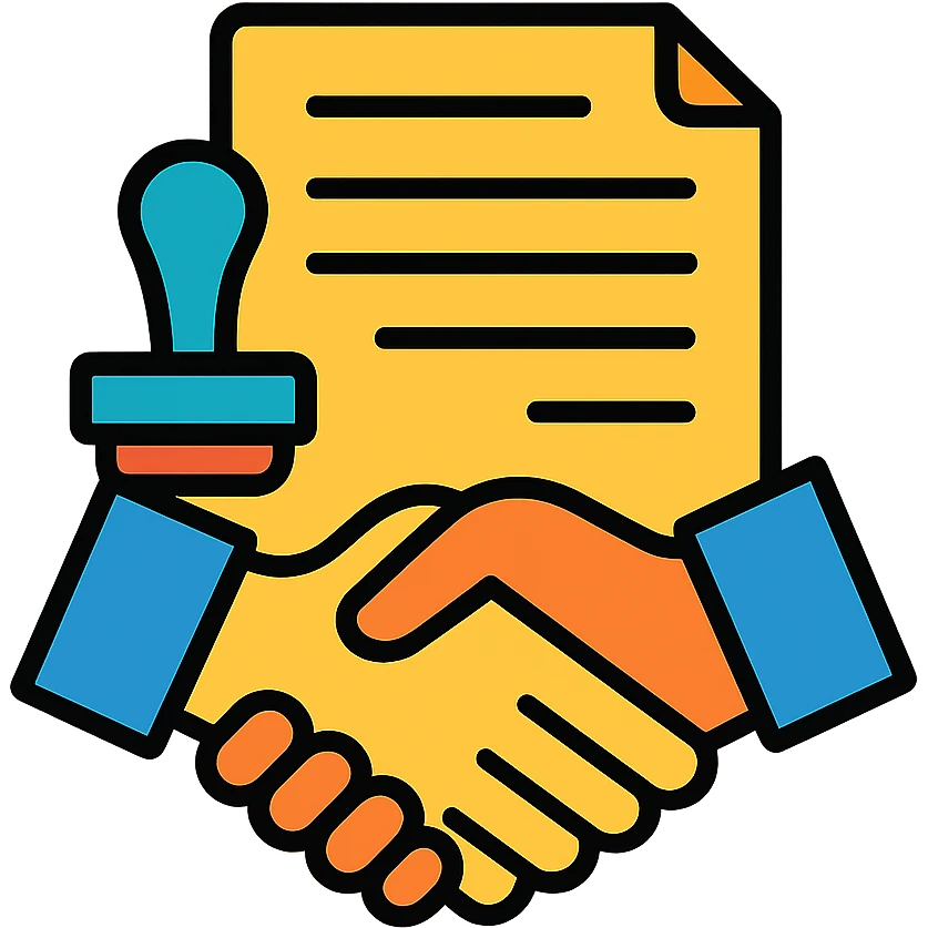 Contract document with official stamp and handshake - representing Commande Publique emoji