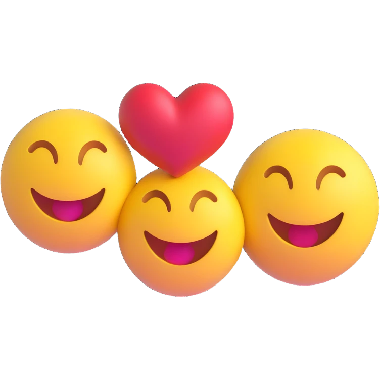 3D smiley emoji, round shape, in love, two smileys side by side with a heart between them, no body emoji