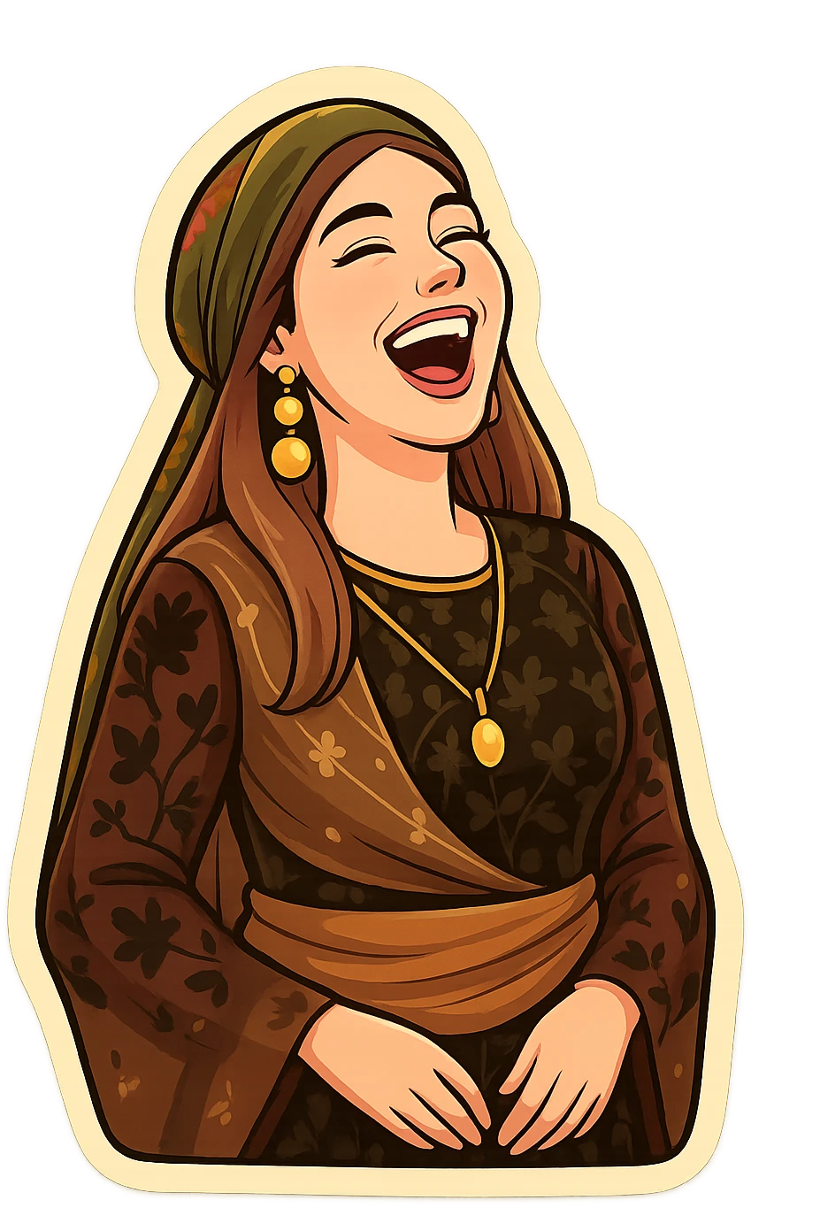 Kurdish cartoon sticker of the same woman in the new dress, laughing out loud, mouth wide open, head back, very happy, no text, transparent background emoji