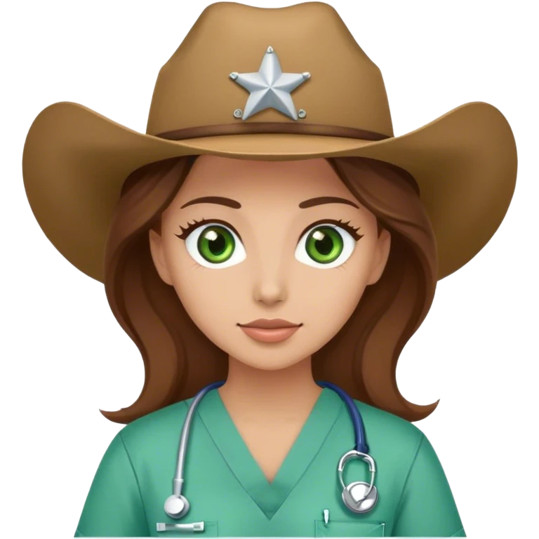 Woman with brown hair and green eyes wearing scrubsand a cow girl hat emoji