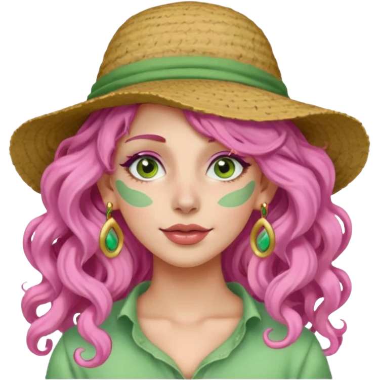pink haired very long curly haired woman with full face light green clay mask  and big earrings and hat emoji