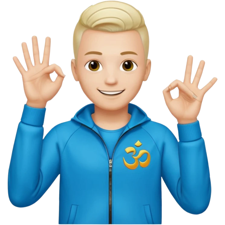 rapeur jul en emoji ios, blanc, rasé sur les cotés, cheveux au centre dressés au gel, signe J avec les mains, survet de l'om emoji