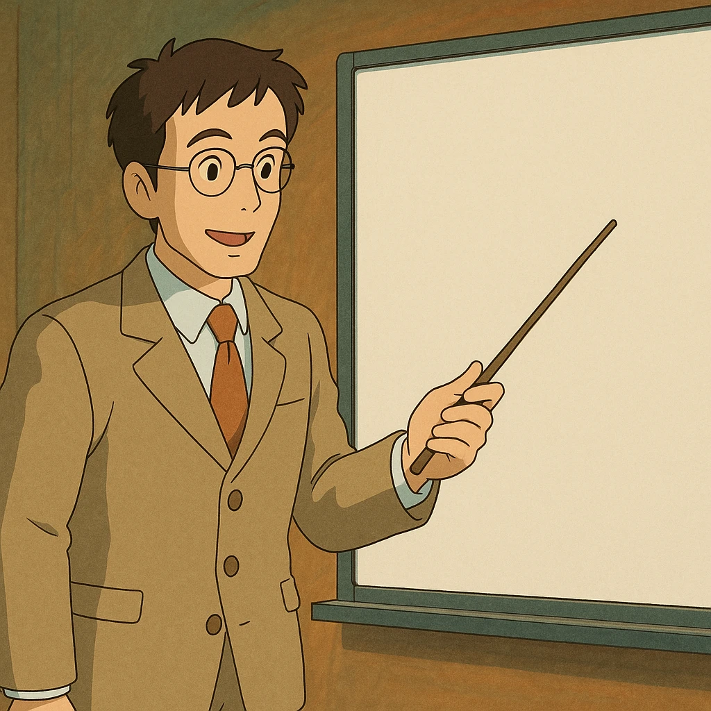man pointing with a stick at the white board in ghibli style emoji