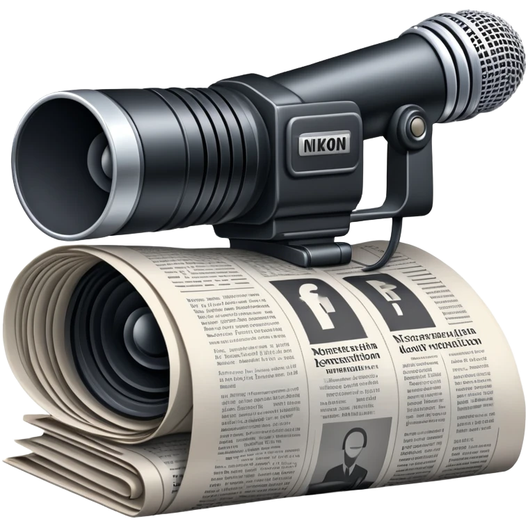 An icon featuring a microphone, a newspaper, a professional camera Nikon D5, representing journalism and mass media. The design includes headlines and imagery, symbolizing the spread of news and information. Transparent background highlights the power of communication and media. emoji