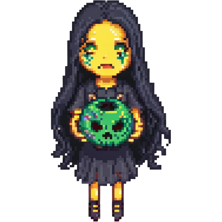 A woman with long black hair holding a toxic emoji emoji