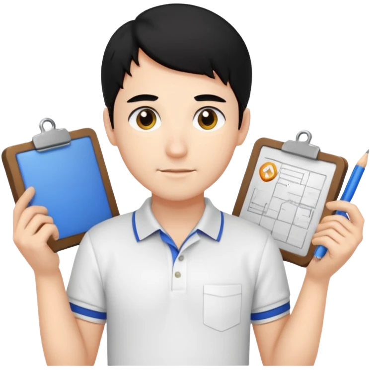 engineer wearing white polo, black hair with site/eng materials on the bg emoji