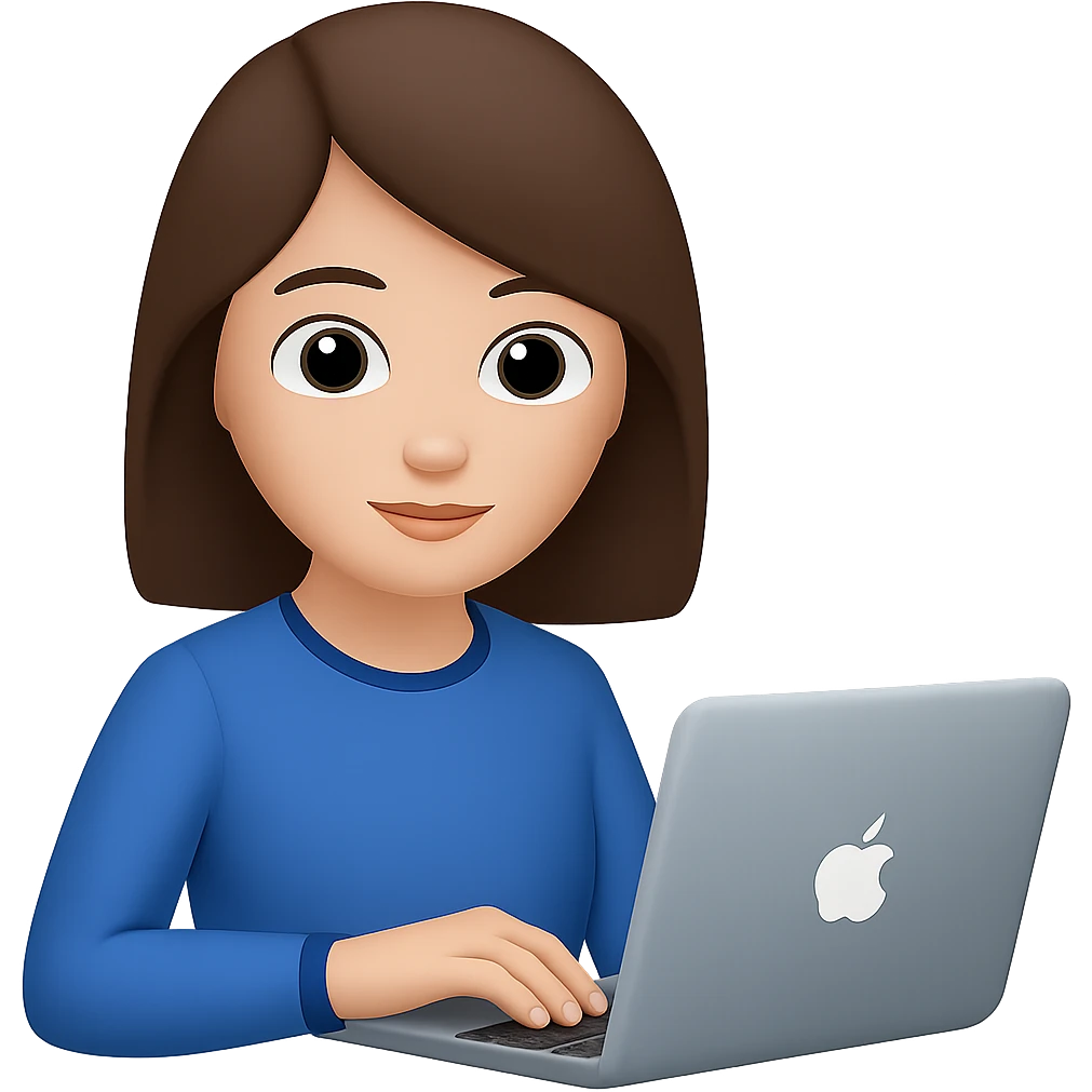 Change hair to brown, right hand forward to the front, keep blue clothes, hand on laptop. The style should resemble emoji style with no background. emoji