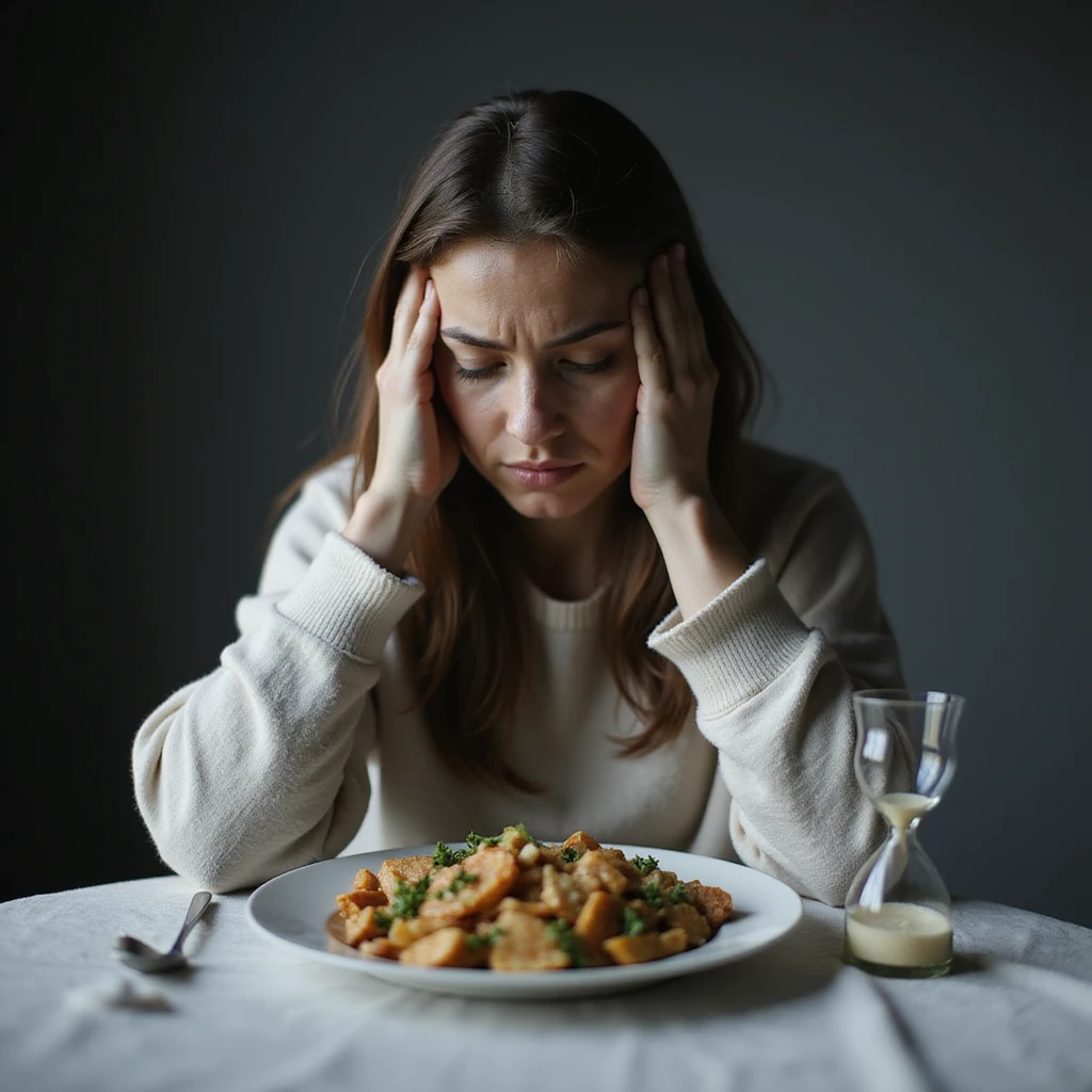 ultra realistic photo of an adult woman sitting at a table with a diet food plate, suffering expression, hands on temples, cold and sad atmosphere, natural light, kitchen background, hourglass symbol next to the plate, concept of diet as punishment emoji