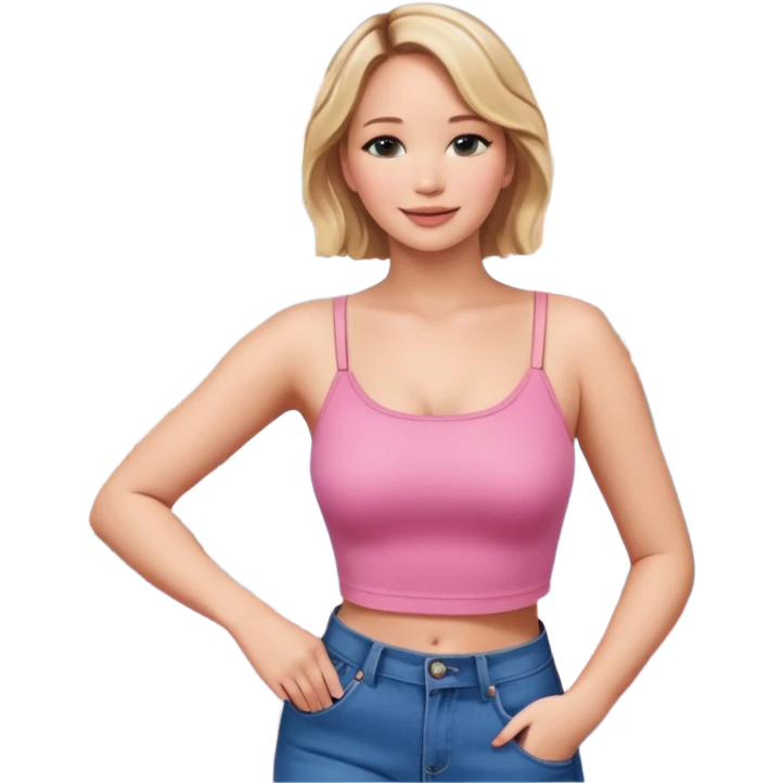 jennifer lawrence, pink crop top, and blue jeans, leaning on a balcony with a harbor and cityscape in the background, smiling emoji