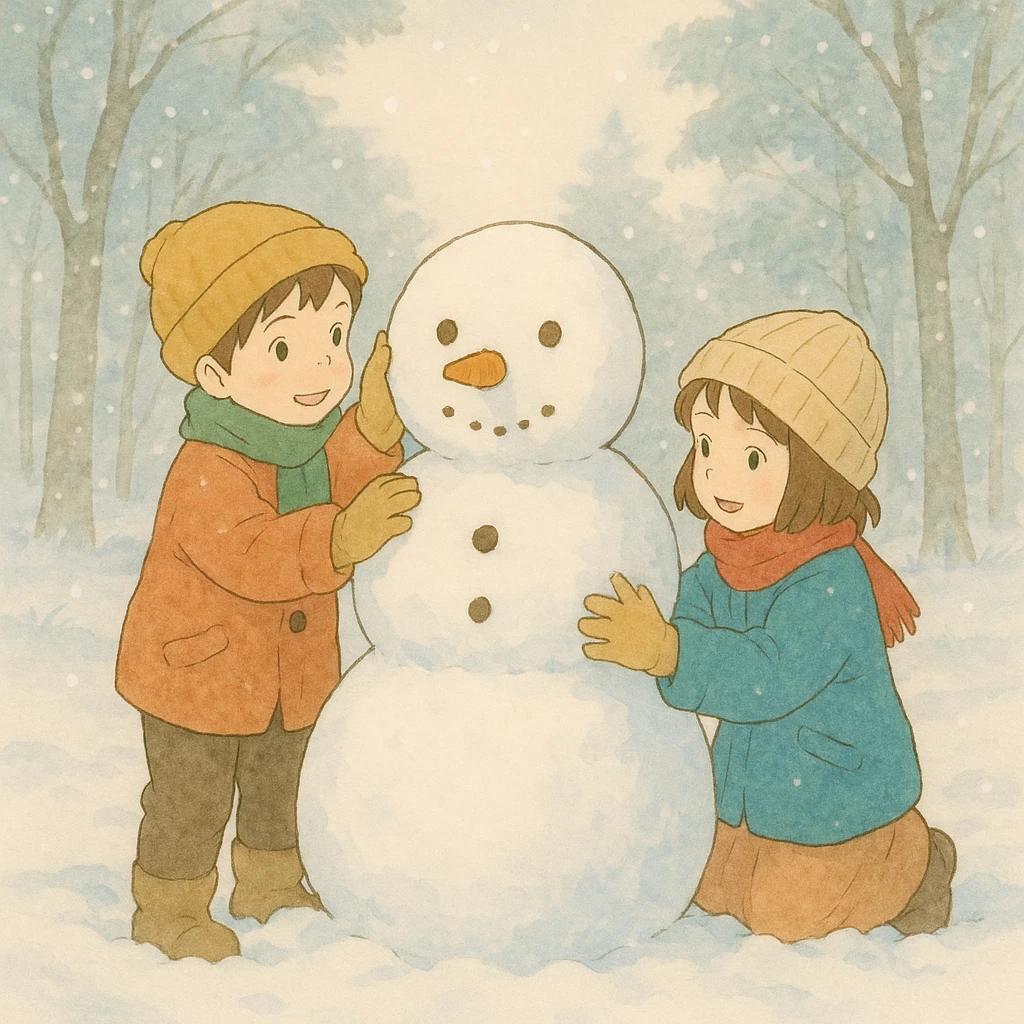 ghibli style kids building a snowman, soft colors, gentle winter scene emoji