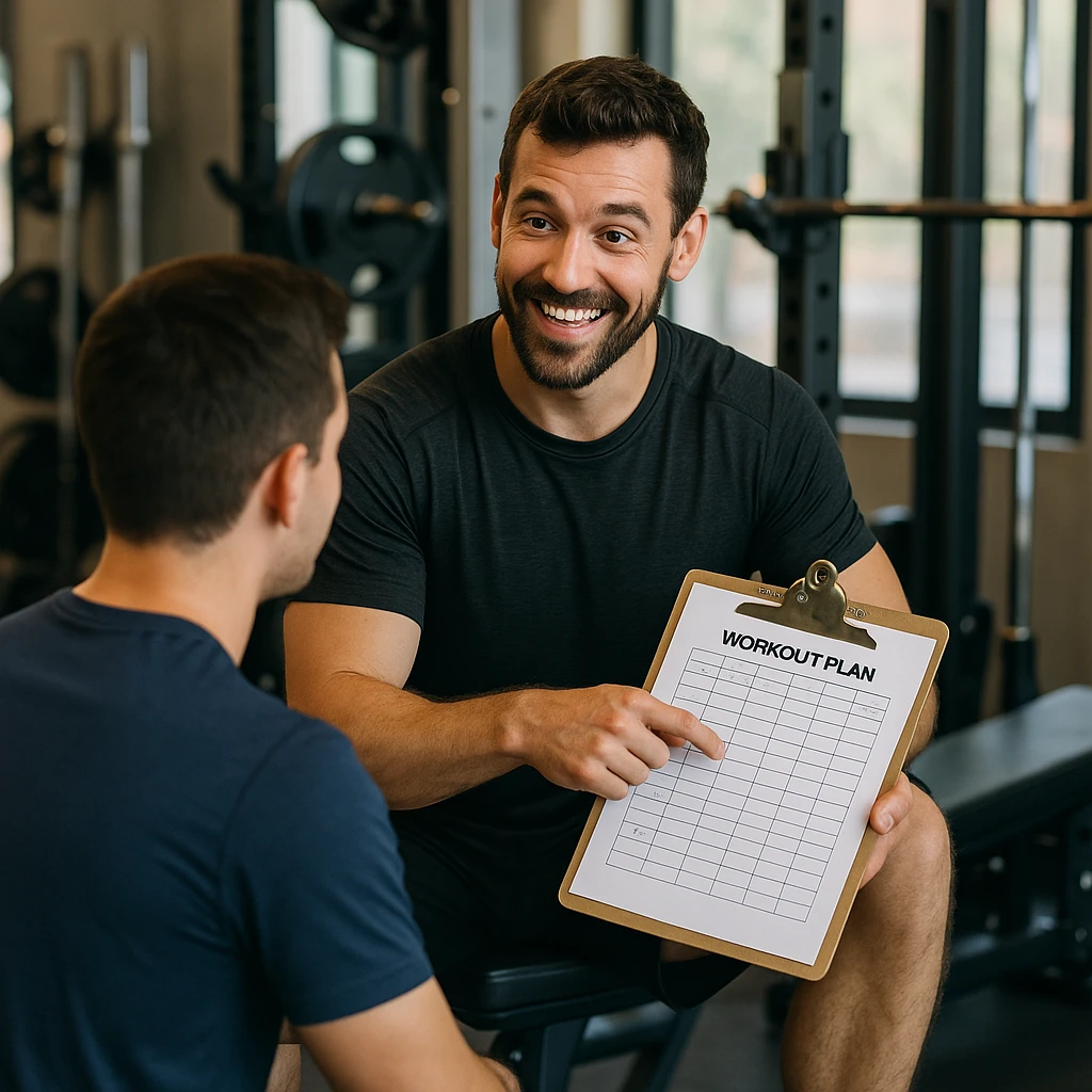 Personal trainer in a gym, inspired by the person in the reference photo, explaining a workout plan to a seated client, with a motivating and friendly atmosphere. emoji