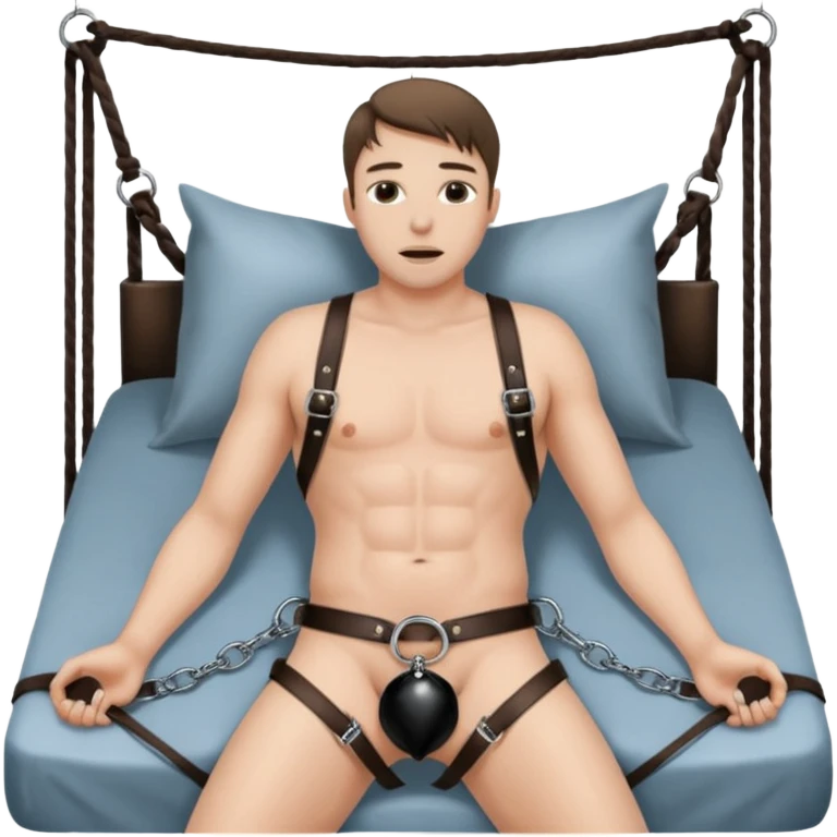 Male tied to bed on his back bdsm bondage, wearing chastity cage emoji
