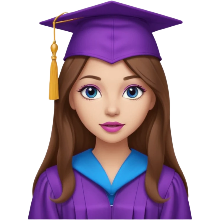 girl with gorgeous long brown hair, blue eyes, long lashes makeup, sexy pink lips, wearing a purple graduation cap and gown emoji