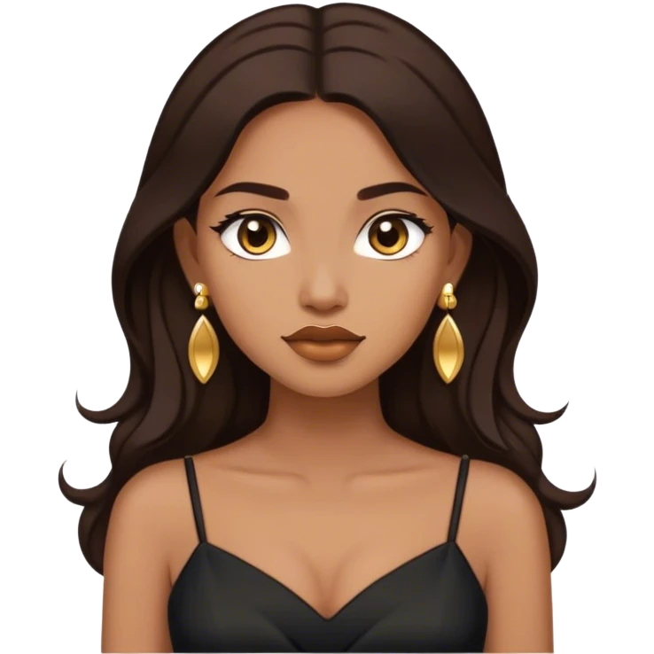 Beautiful woman,cute, long dark brown hair in dark dress with gold earrings emoji