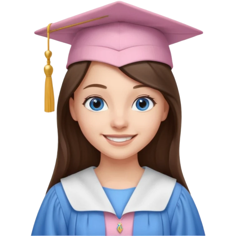 young brunette girl long hair, blue eyes and light pink gown and cap university graduate emoji