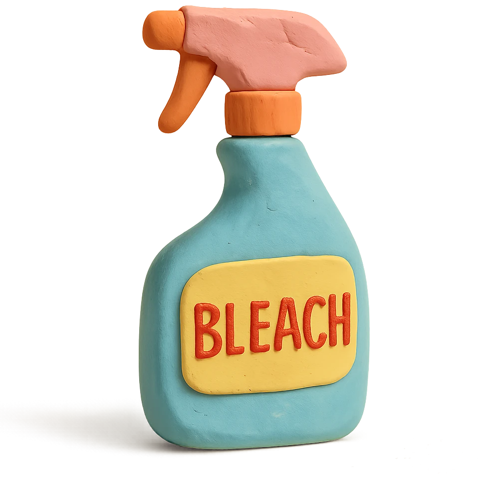 bleach spray bottle in claymation style with a bold label, playful arrangement, pastel palette emoji