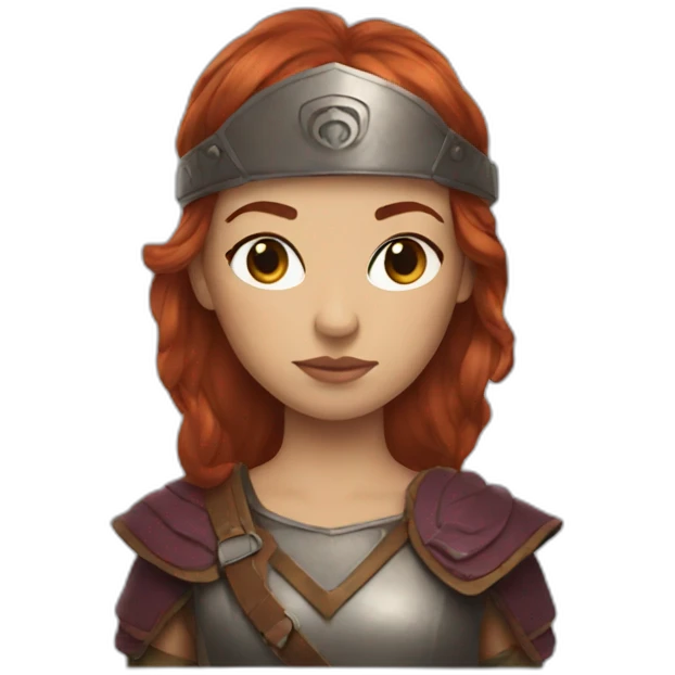 A girl with auburn hair in a warrior disguise emoji