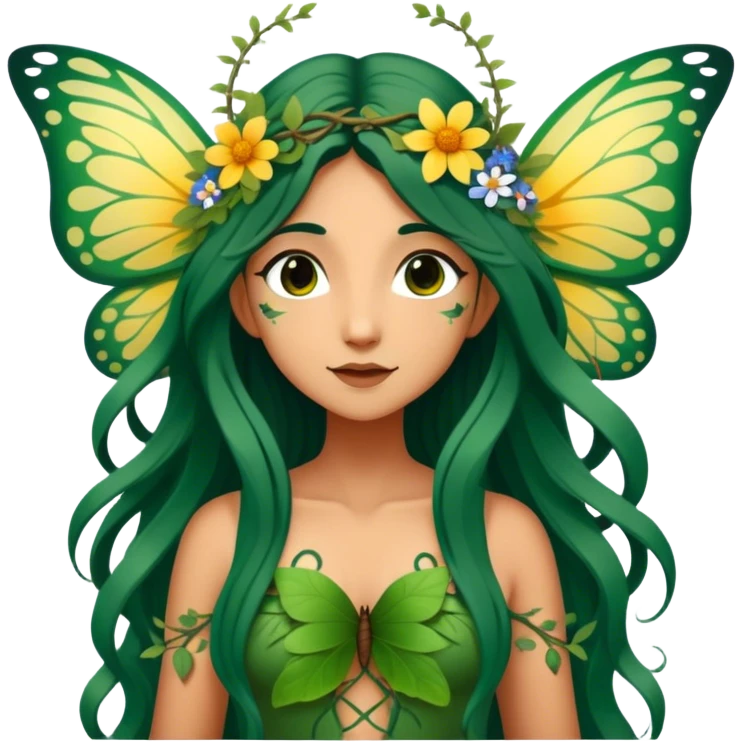 Cinematic Realistic Forest Fairy Portrait, depicted with lifelike, sun-kissed tanned skin that radiates an earthy glow, softly illuminated by natural, dappled light. Her long, flowing dark green hair is intricately detailed and interwoven with delicate vines and wildflowers, while her deep, soulful eyes mirror the wisdom of the forest. Dressed in an attire inspired by nature’s palette—with subtle botanical motifs—the portrait exudes a soft, enchanted glow that melds realism with woodland magic showing her large butterfly wings from her back. emoji