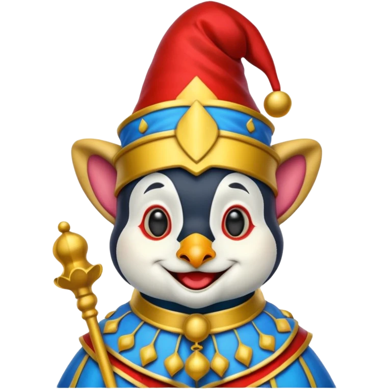 crazy colorful puppy penguin jolly joker, medieval, vintage, court jester, mac os icon, blue color emoji