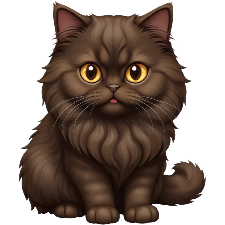 cinematic-[dark brown persian cat]-realistic-full-body-sitting-emoji,-tail-curled-playfully-around-its-paws,-head-tilted-dramatically,-fluffy-[dark brown]-fur,-simplified-yet-realistic-focused-features,-highly-detailed,-glowing-with-an-almost-sarcastic-glow emoji
