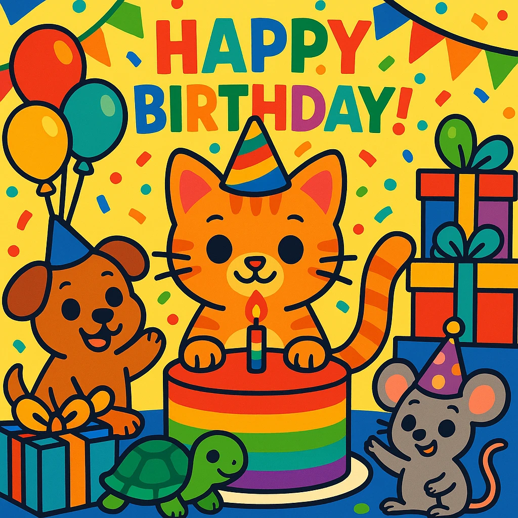 vibrant-toon style birthday party scene with a rainbow color theme including rainbow balloons, multicolored decorations, confetti, a large rainbow birthday cake, gifts, and a festive atmosphere. Main character is a ginger tabby kitten wearing a birthday hat, surrounded by a puppy, turtle, and mouse also celebrating. Prominent 'Happy Birthday!' message included in the scene. emoji