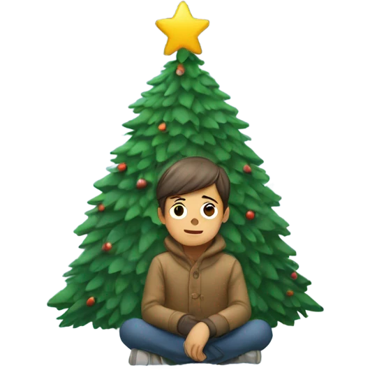 boy sitting in snow surranded with xmas tree emoji