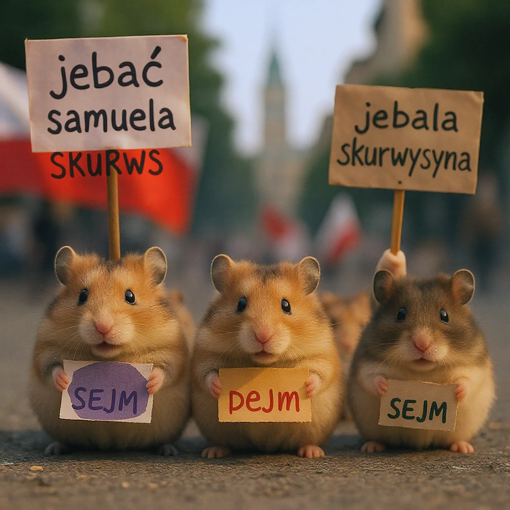 Cinematic shot of a group of hamsters takes over polish sejm. some of them has signs with "jebać samuela skurwysyna". emoji