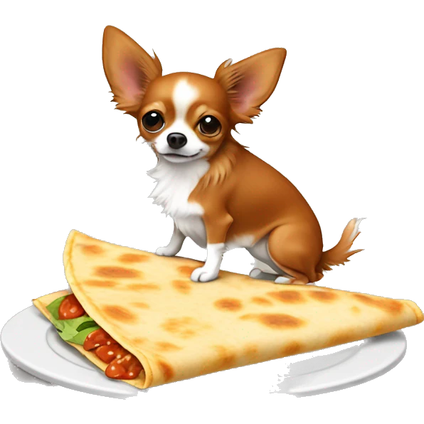 Long-haired reddish brown Chihuahua with white markings eating quesadilla emoji