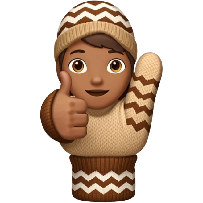 thumbs up fist, hand only, brown knit mitten with zig-zag beige pattern emoji