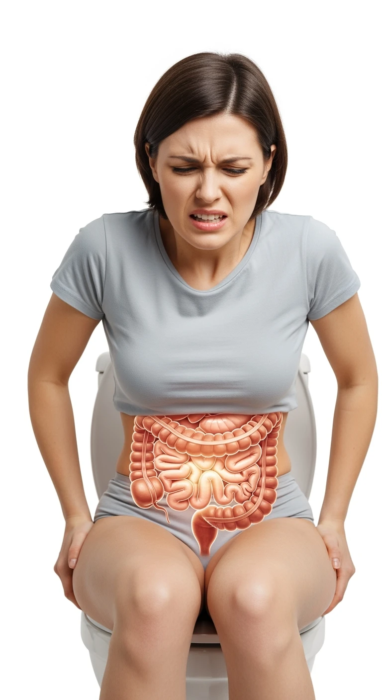 donna che si sforza seduta sul wc con intestino umano anatomico in evidenza, iperrealistica 4k, sfondo bianco emoji