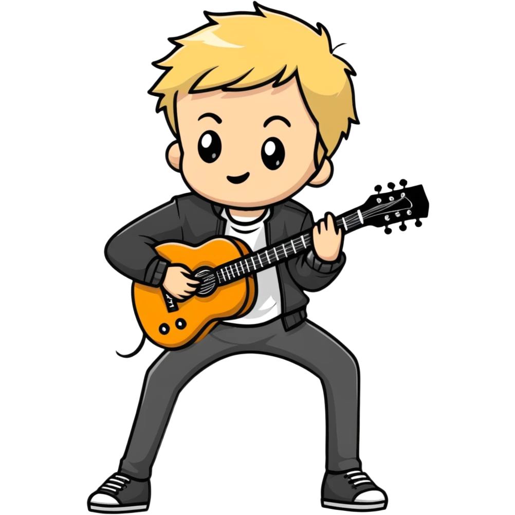 young blonde boy in a black jacket playing a guitar emoji