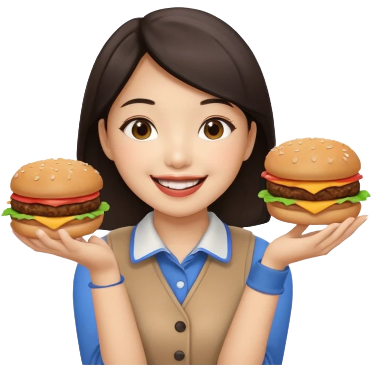 create a humongous asian girl with 2 burgers and a cookie in her mouth emoji
