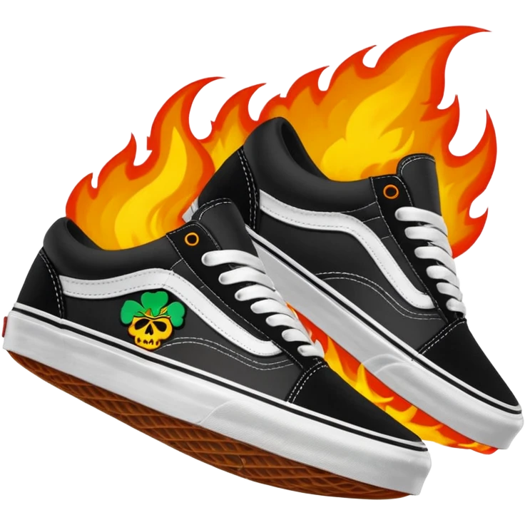 Vans shoes black skate and fire in front logo write irish khan on fire emoji