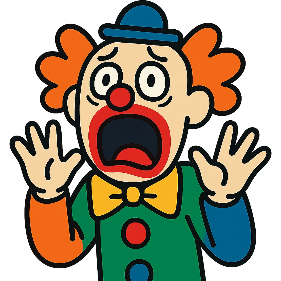 cartoonish figure with clown face, wide open mouth, eyes full of terror, screaming emoji