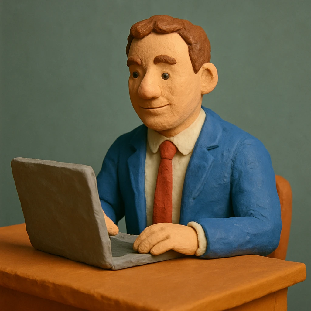 A 35-year-old male business coach sitting at a table with a laptop emoji