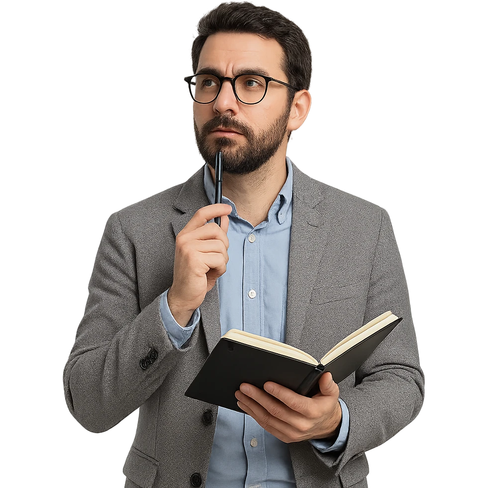 Mediterranean man, sociologist, with a beard and glasses, dressed in semi-formal clothes, holding a pen and notebook, thoughtful pose emoji