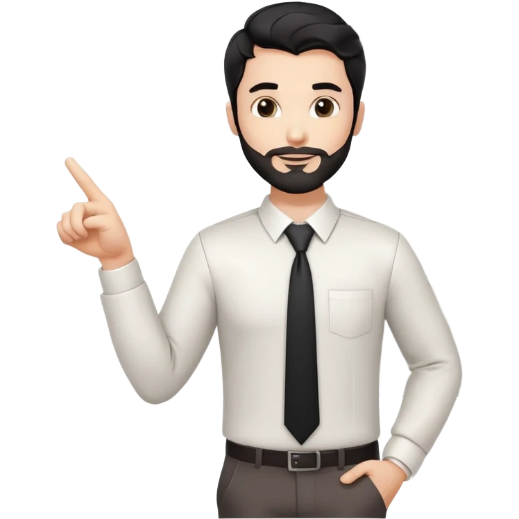 Professional 35-year-old man with black wavy hair, stubble, strong jawline, white skin tone, wearing smart casual business attire, standing and pointing at a presentation chart, teaching pose emoji