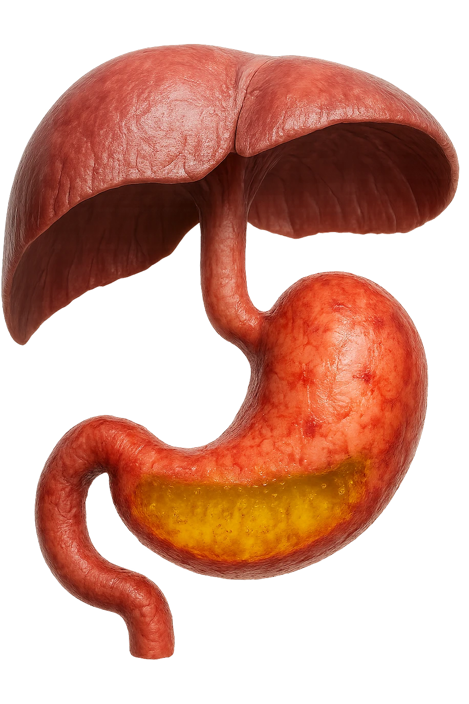 stomaco umano anatomico infiammato con acido giallo all'interno fluttua in aria insieme ad un diaframma umano, iperrealistico 4k, isolato su sfondo bianco emoji