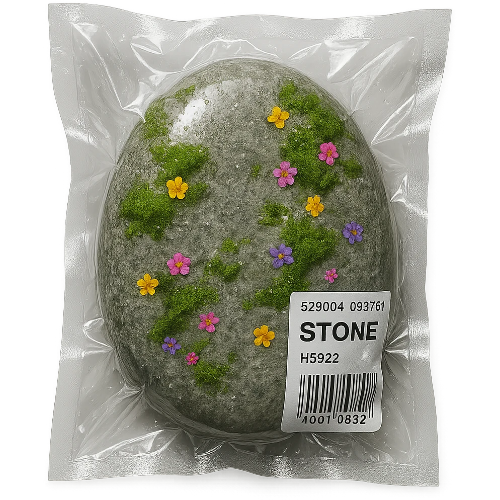 smooth light gray stone with patches of moss and scattered small colorful flowers, glossy emoji